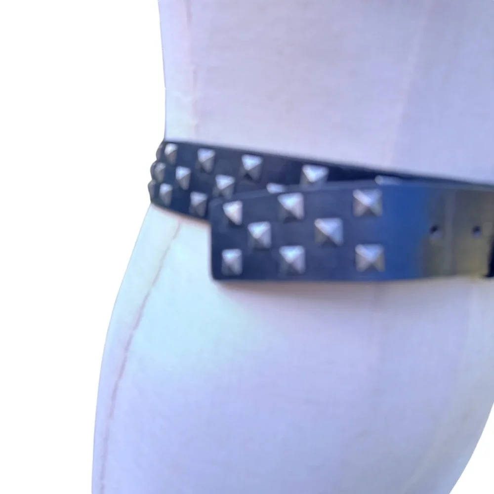 Black Split Leather Pyramid Studded Belt Men Large Silver Hardware Punk Rocker